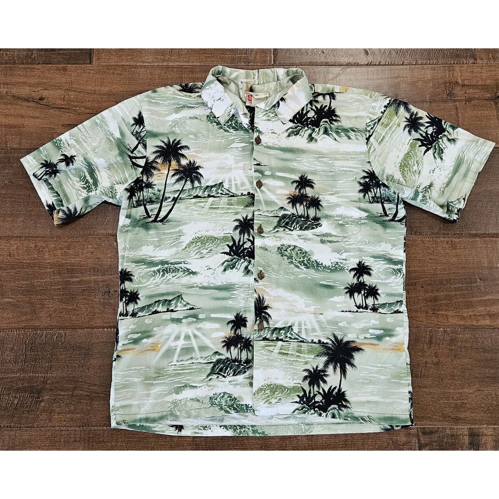 VTG Hilo Hattie Hawaiian Shirt Mens XL Green Palm Tree Island Print Hawaii